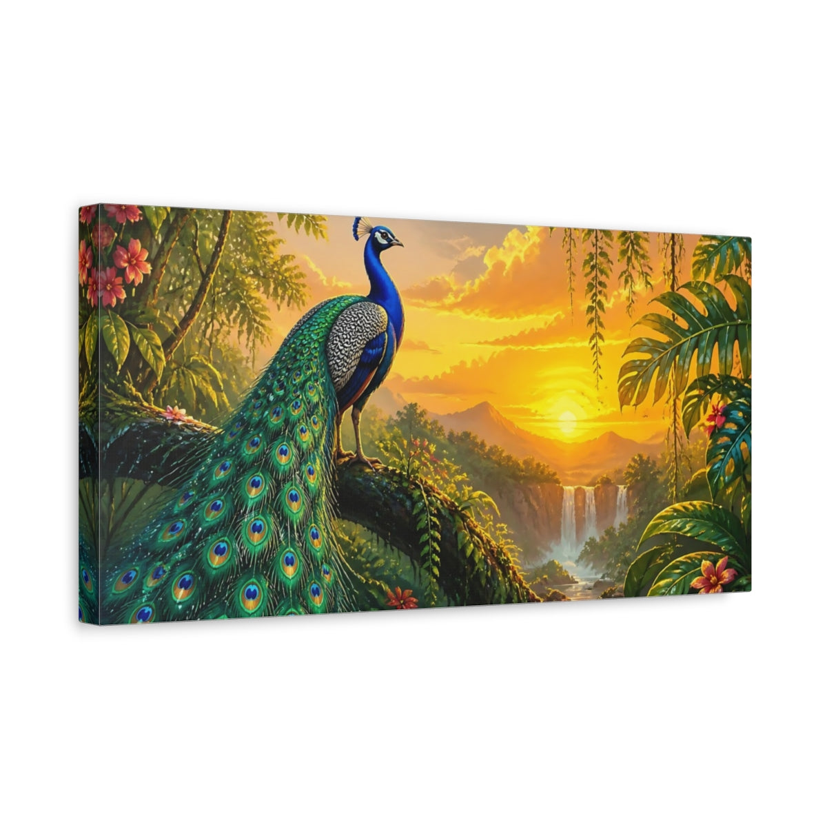 Side Mockup 3. Peacock At Golden Sunset shown as canvas print