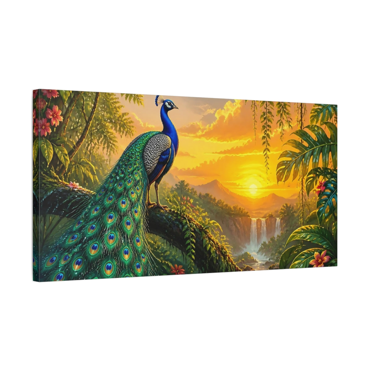 Side Mockup 1. Peacock At Golden Sunset shown as canvas print