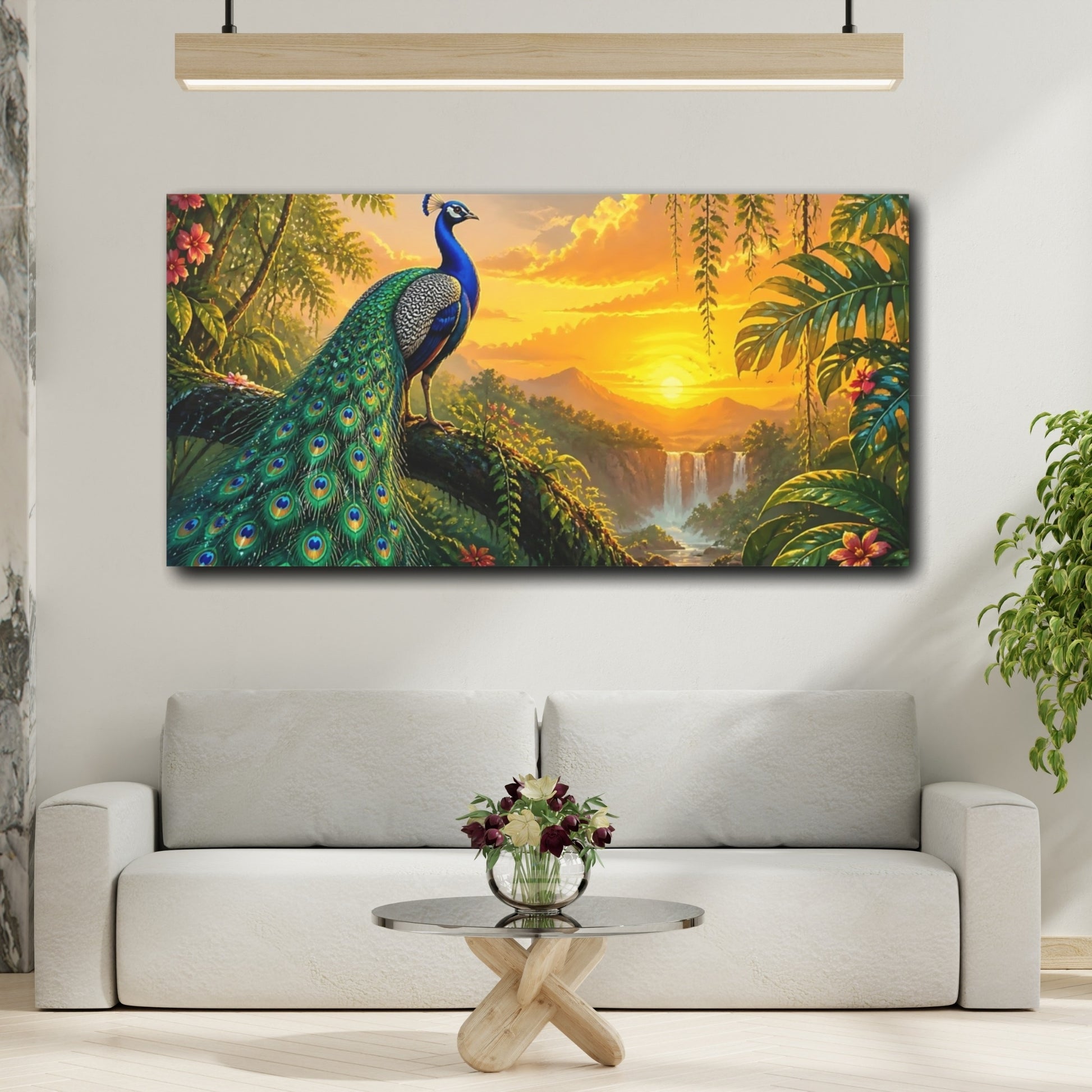 Mockup 2. Peacock At Golden Sunset shown as canvas print