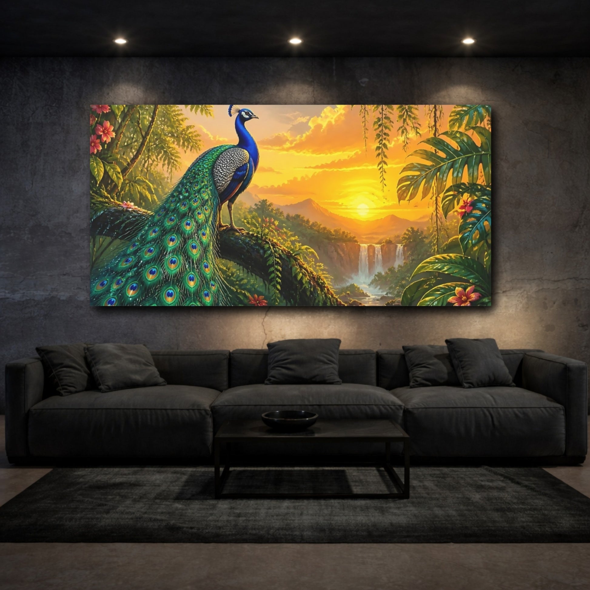 Mockup 3. Peacock At Golden Sunset shown as canvas print