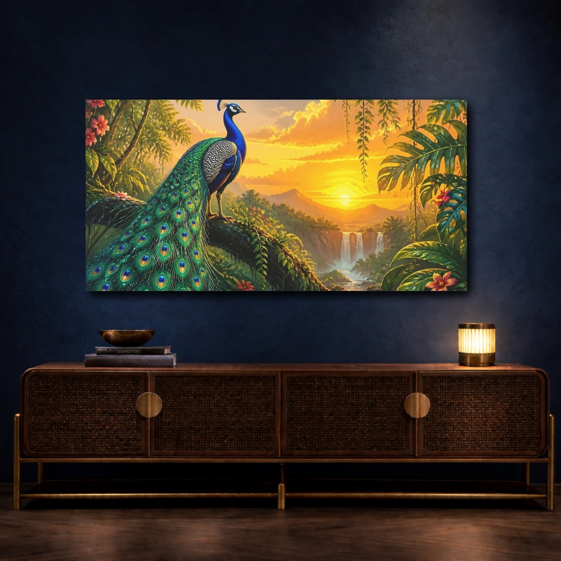 Mockup 4. Peacock At Golden Sunset shown as canvas print