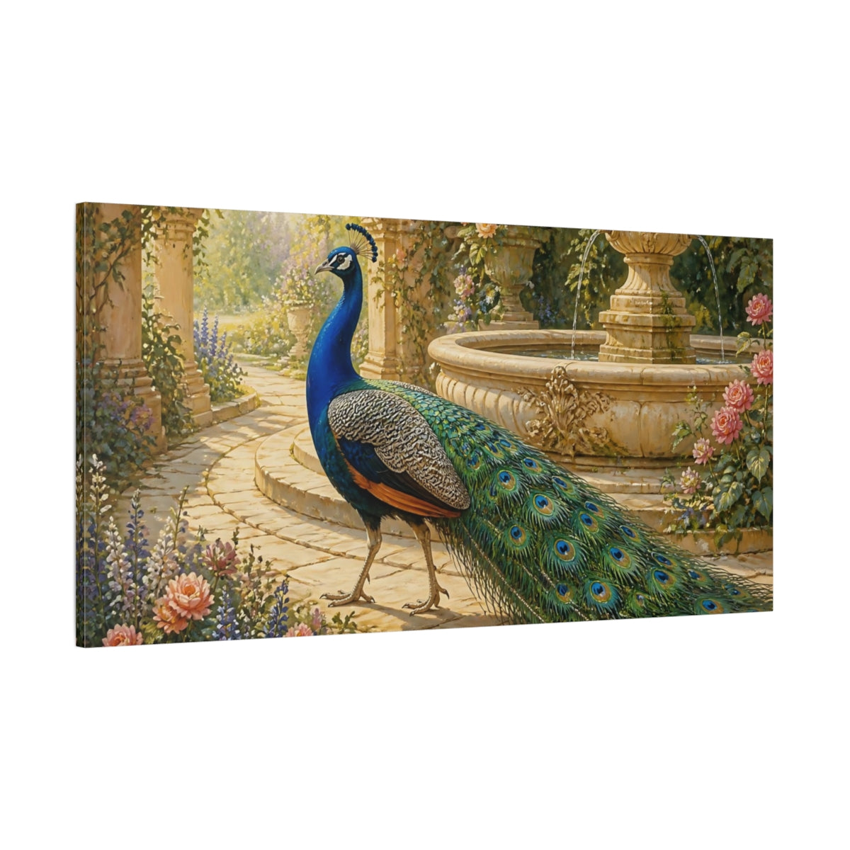 Side Mockup 2. Peacock By The Fountain shown as canvas print