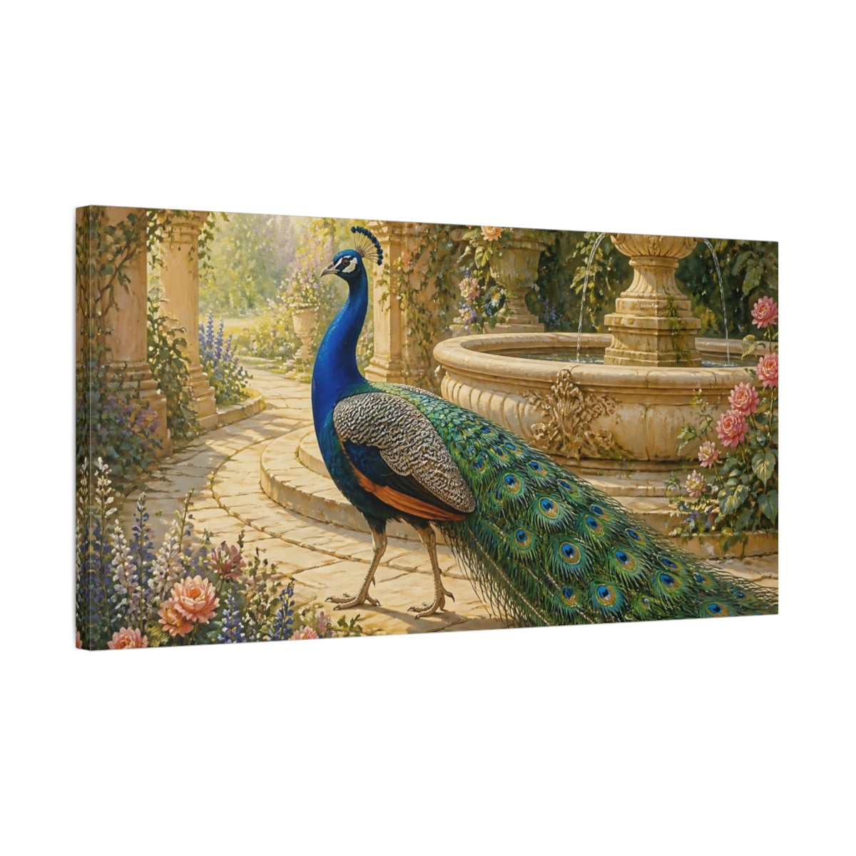 Side Mockup 1. Peacock By The Fountain shown as canvas print