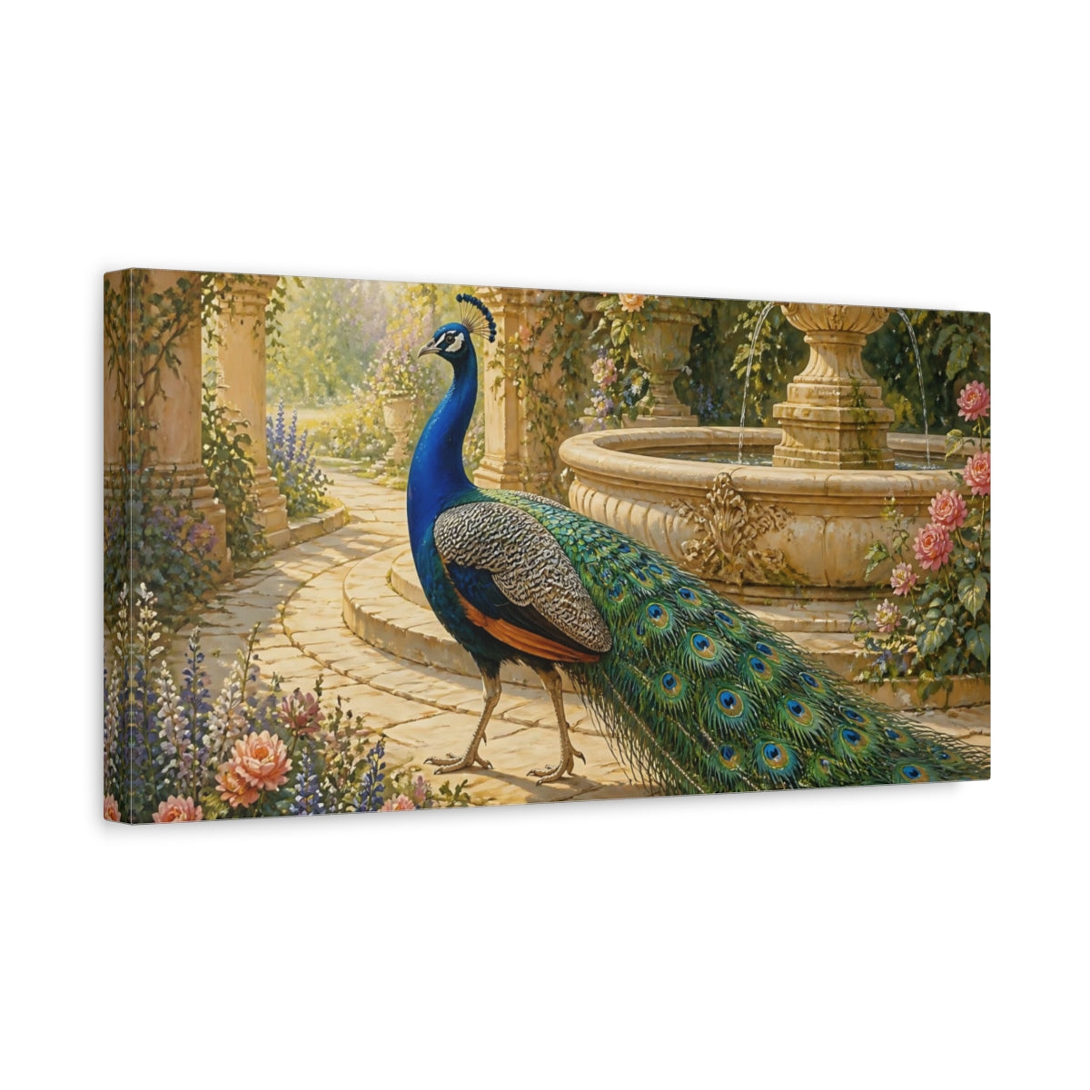 Side Mockup 3. Peacock By The Fountain shown as canvas print