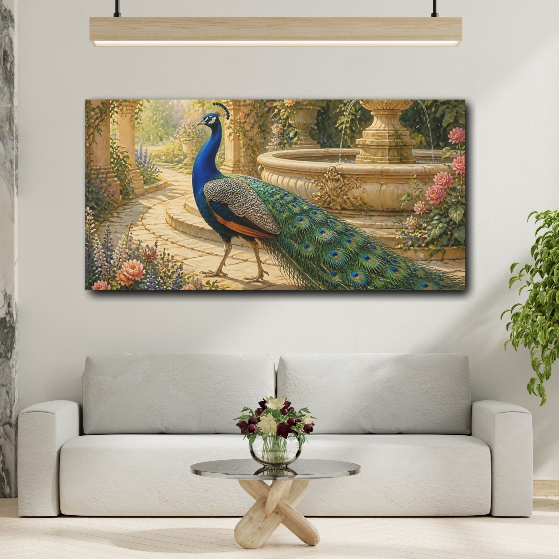 Mockup 2. Peacock By The Fountain shown as canvas print
