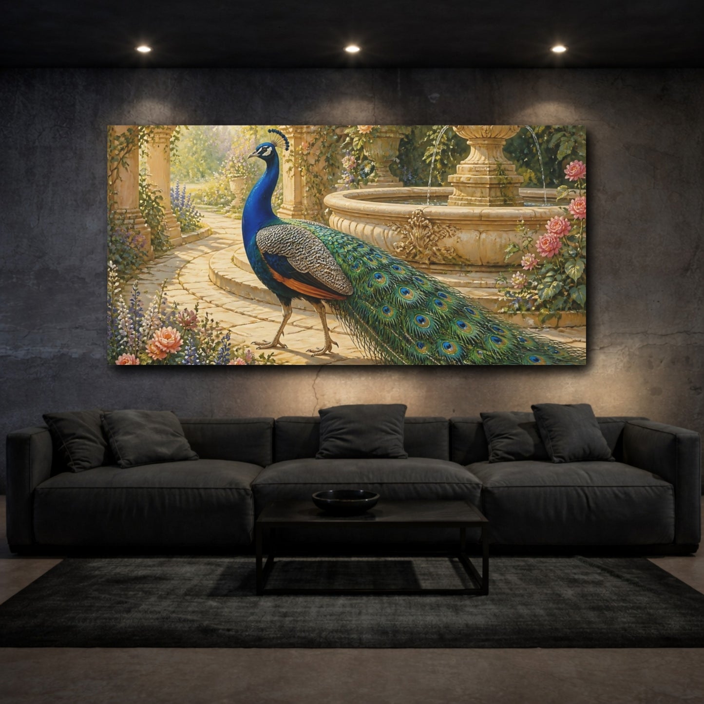 Mockup 3. Peacock By The Fountain shown as canvas print