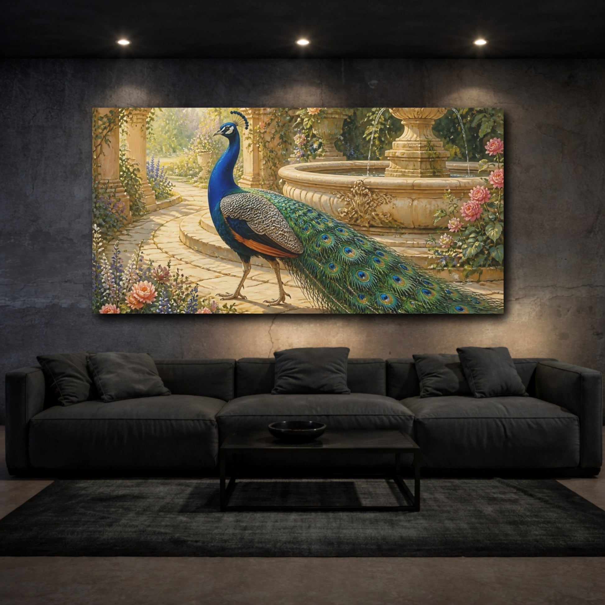 Mockup 3. Peacock By The Fountain shown as canvas print