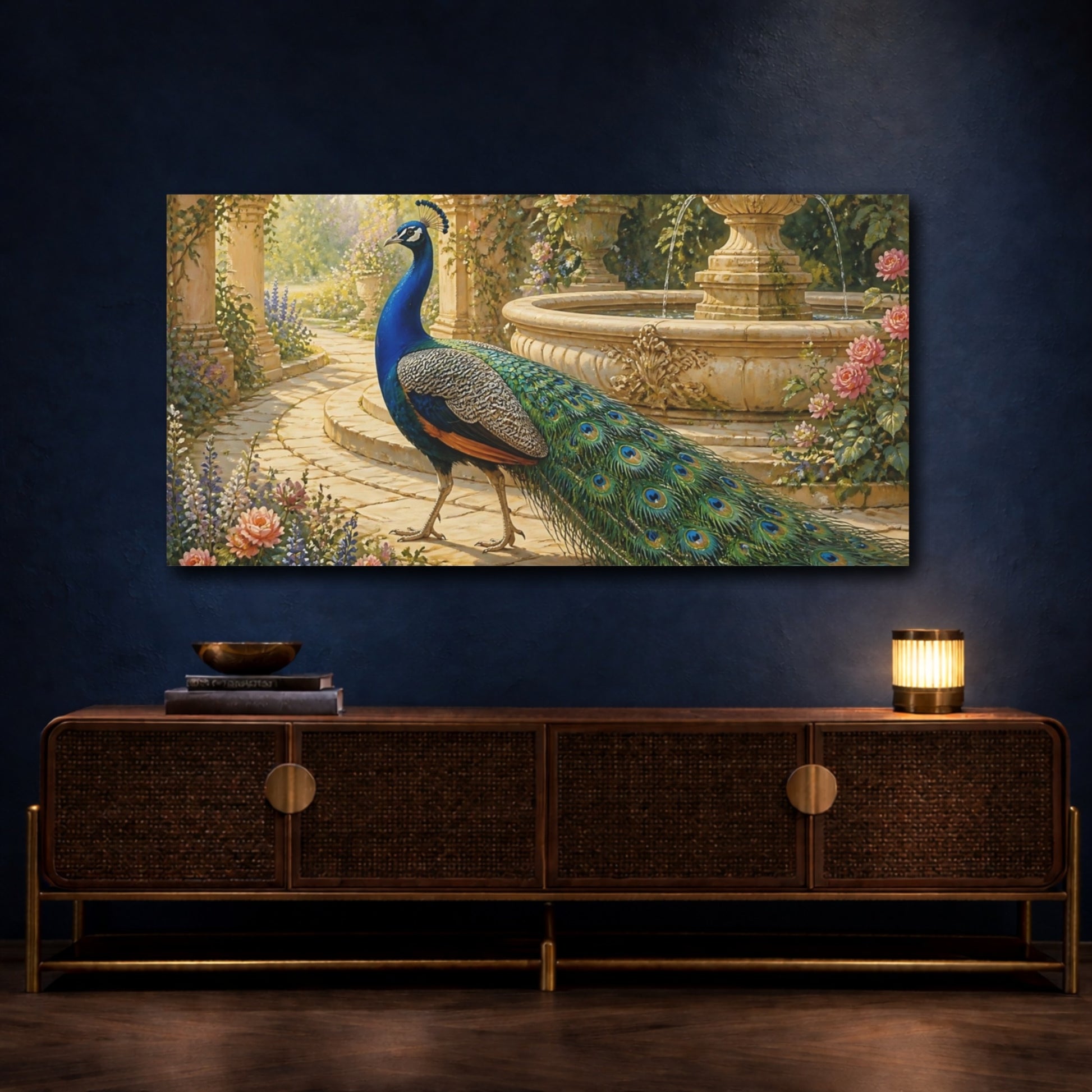 Mockup 4. Peacock By The Fountain shown as canvas print