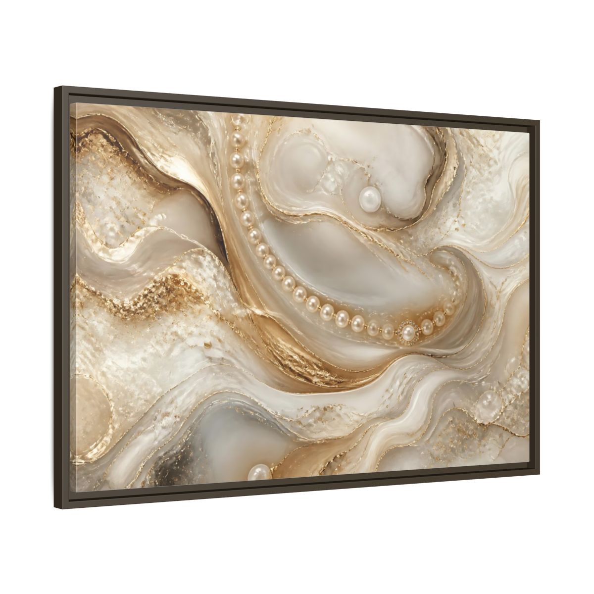 Main Mockup. Pearl & Gold Marble Waves shown as framed canvas print