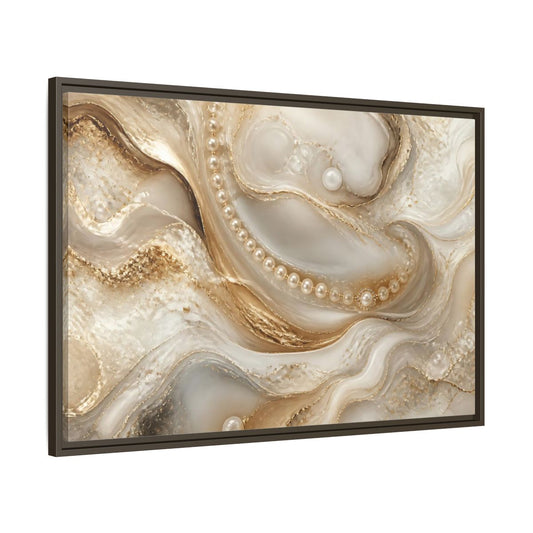 Main Mockup. Pearl & Gold Marble Waves shown as framed canvas print