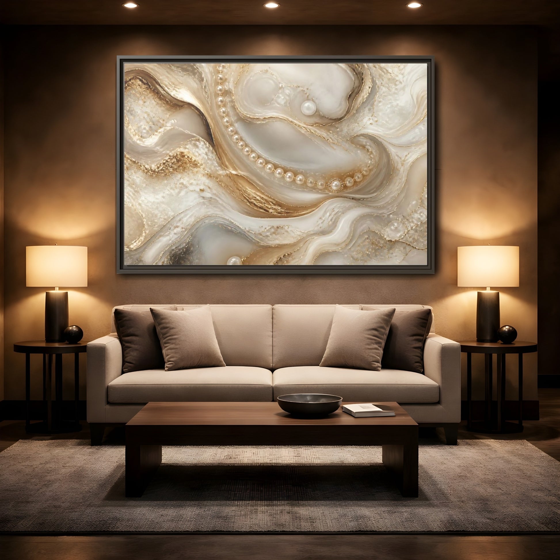 Mockup 2. Pearl & Gold Marble Waves shown as framed canvas print