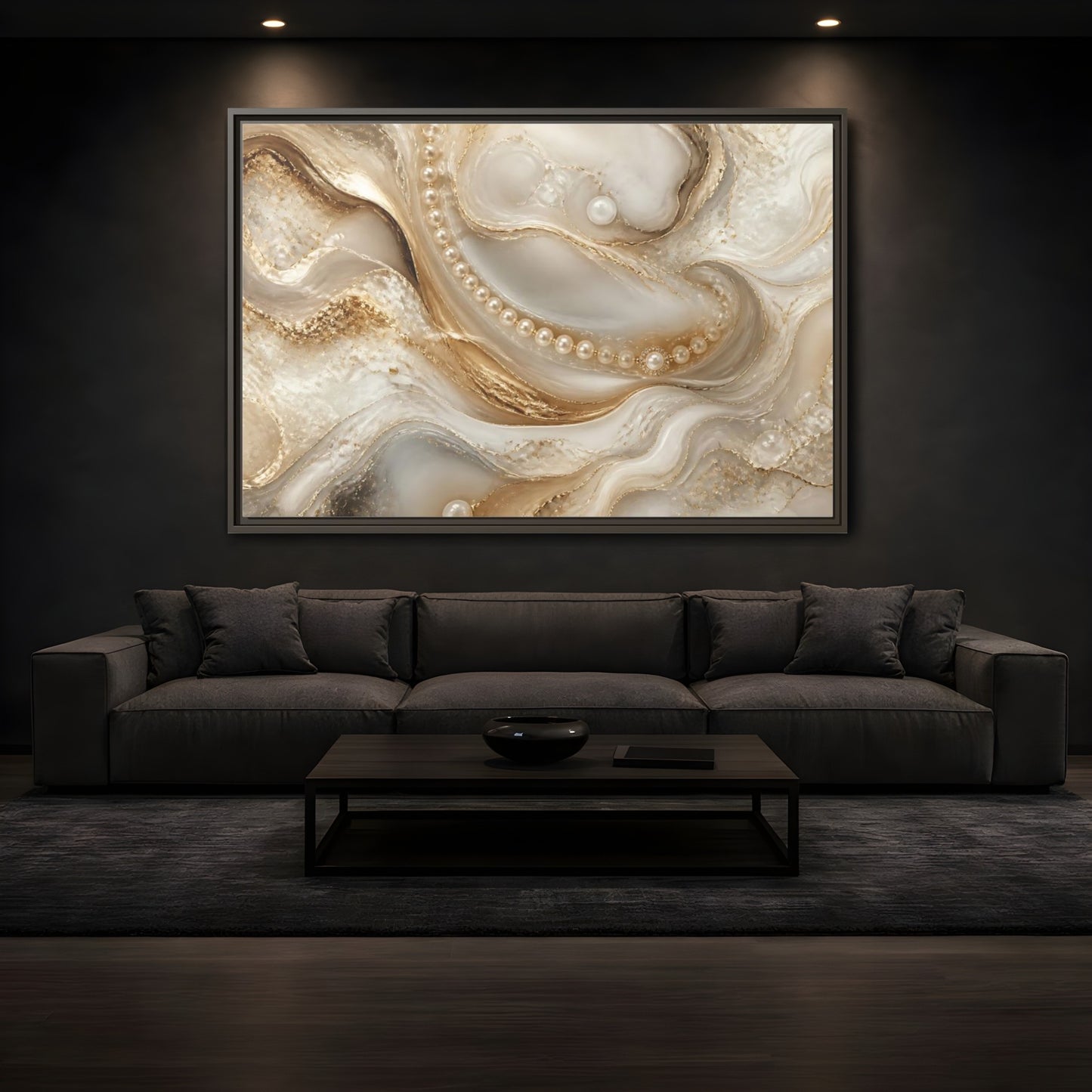 Mockup 3. Pearl & Gold Marble Waves shown as framed canvas print
