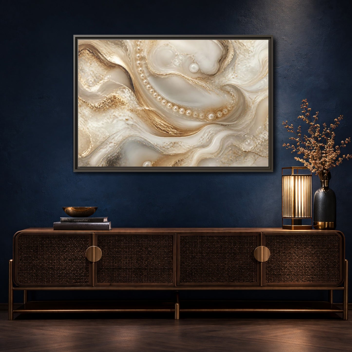 Mockup 4. Pearl & Gold Marble Waves shown as framed canvas print