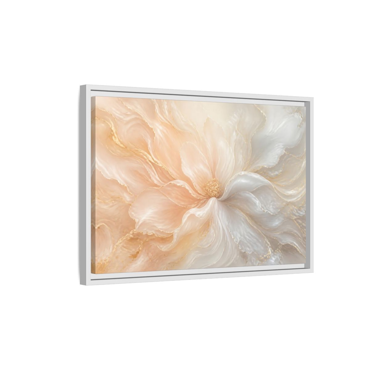 Side Mockup 1. Pearl Cream Floral Bloom shown as framed canvas print