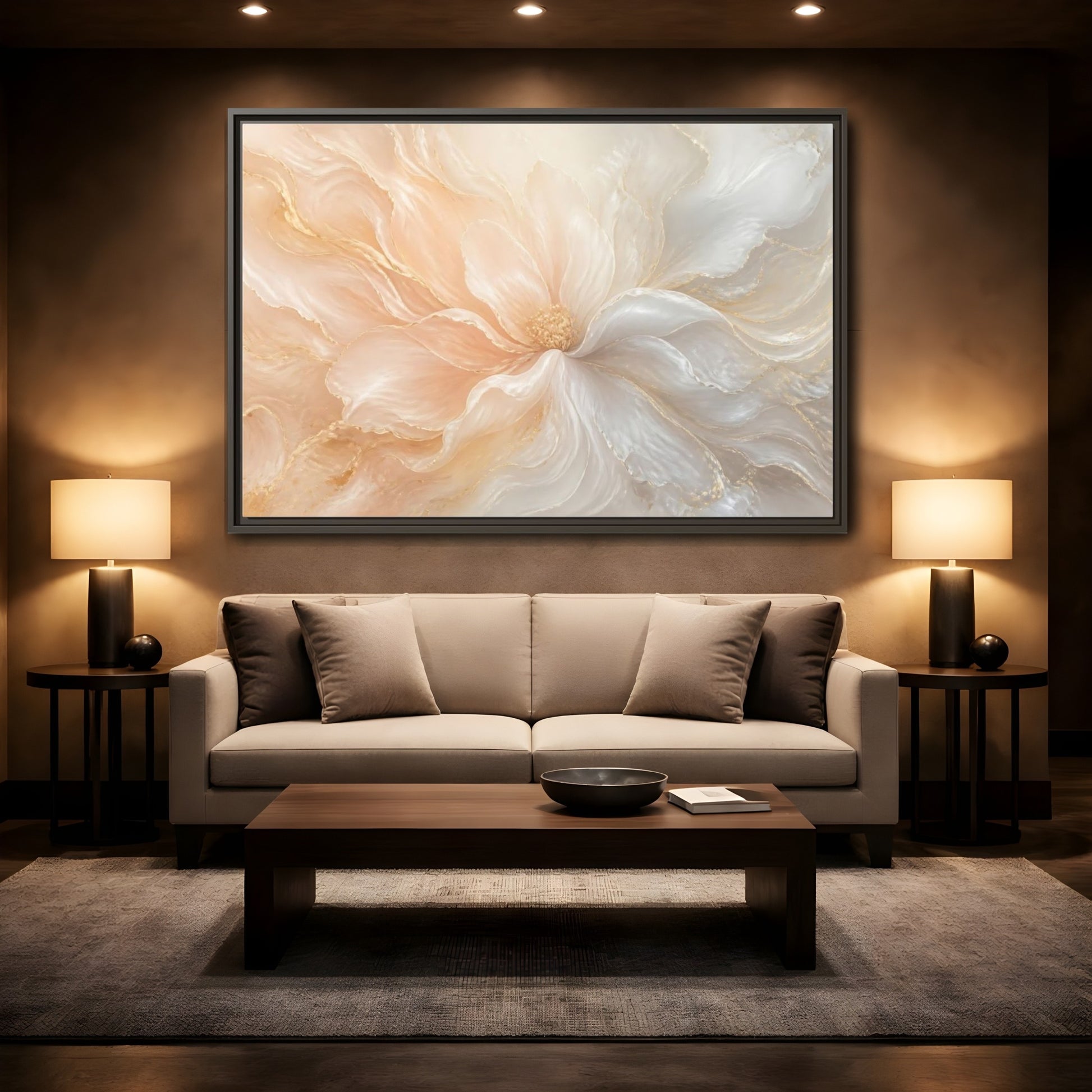Mockup 2. Pearl Cream Floral Bloom shown as framed canvas print