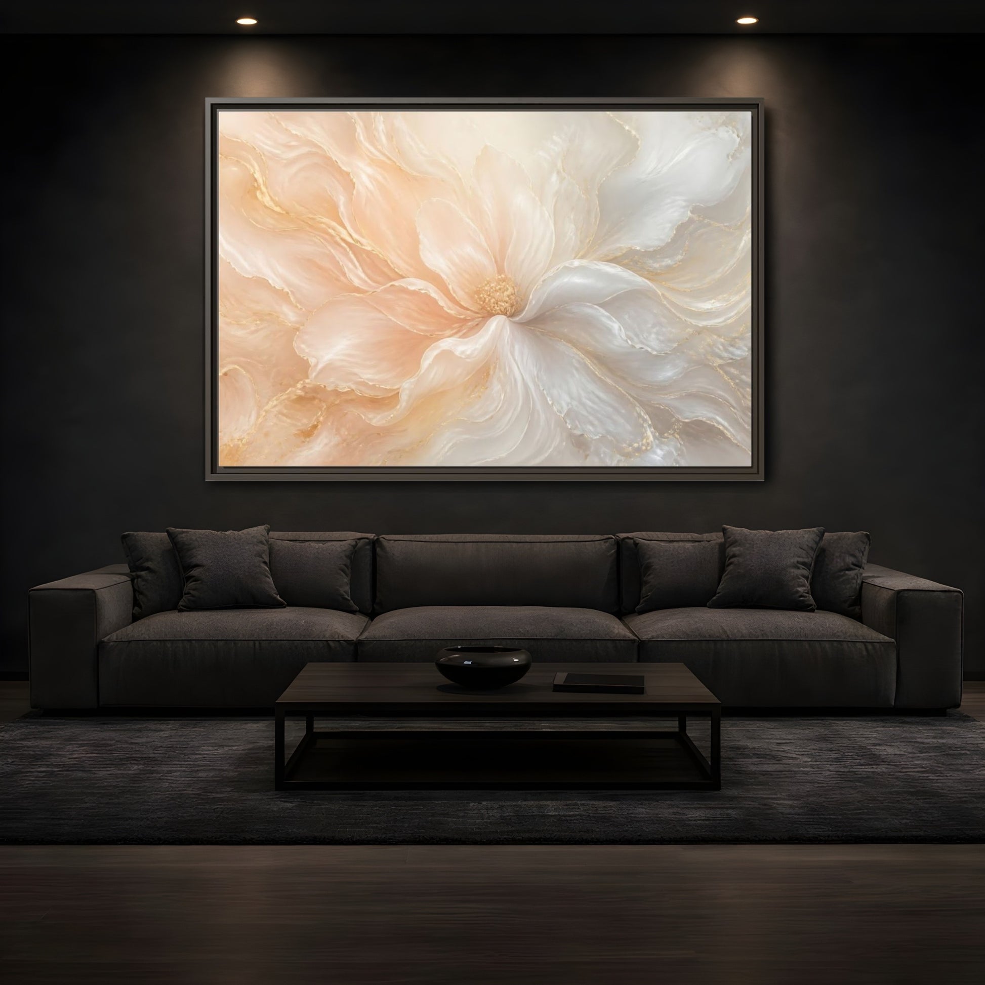 Mockup 3. Pearl Cream Floral Bloom shown as framed canvas print