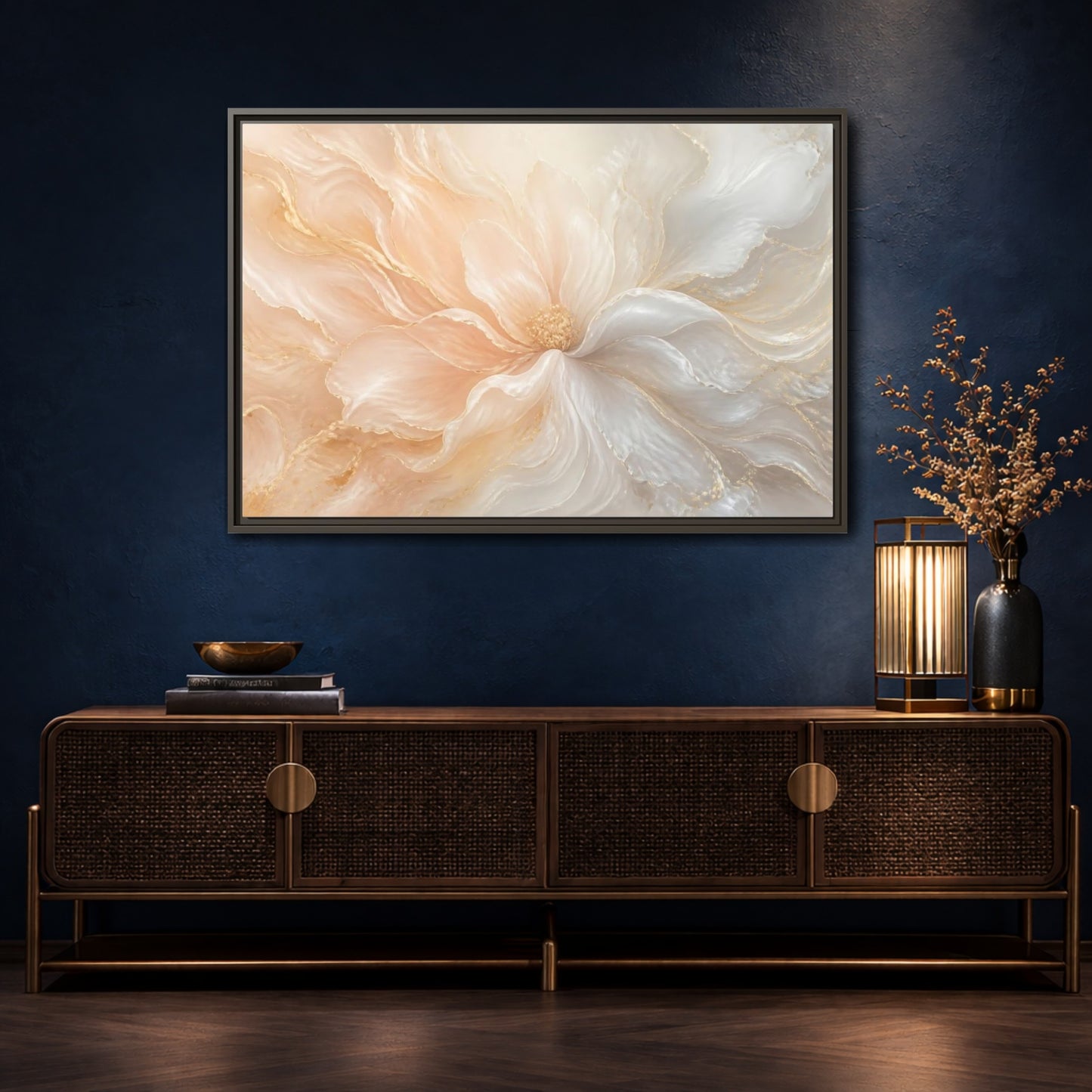 Mockup 4. Pearl Cream Floral Bloom shown as framed canvas print