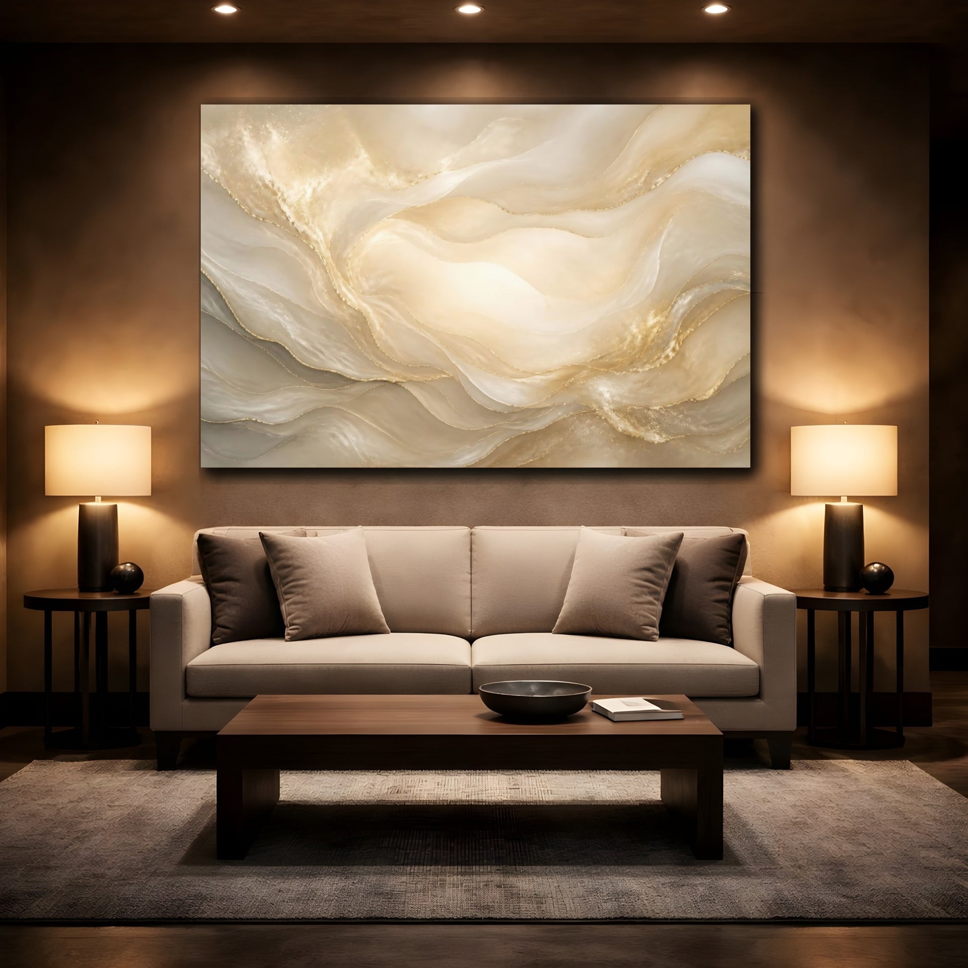 Mockup 2. Pearl Cream Gold Waves shown as canvas print