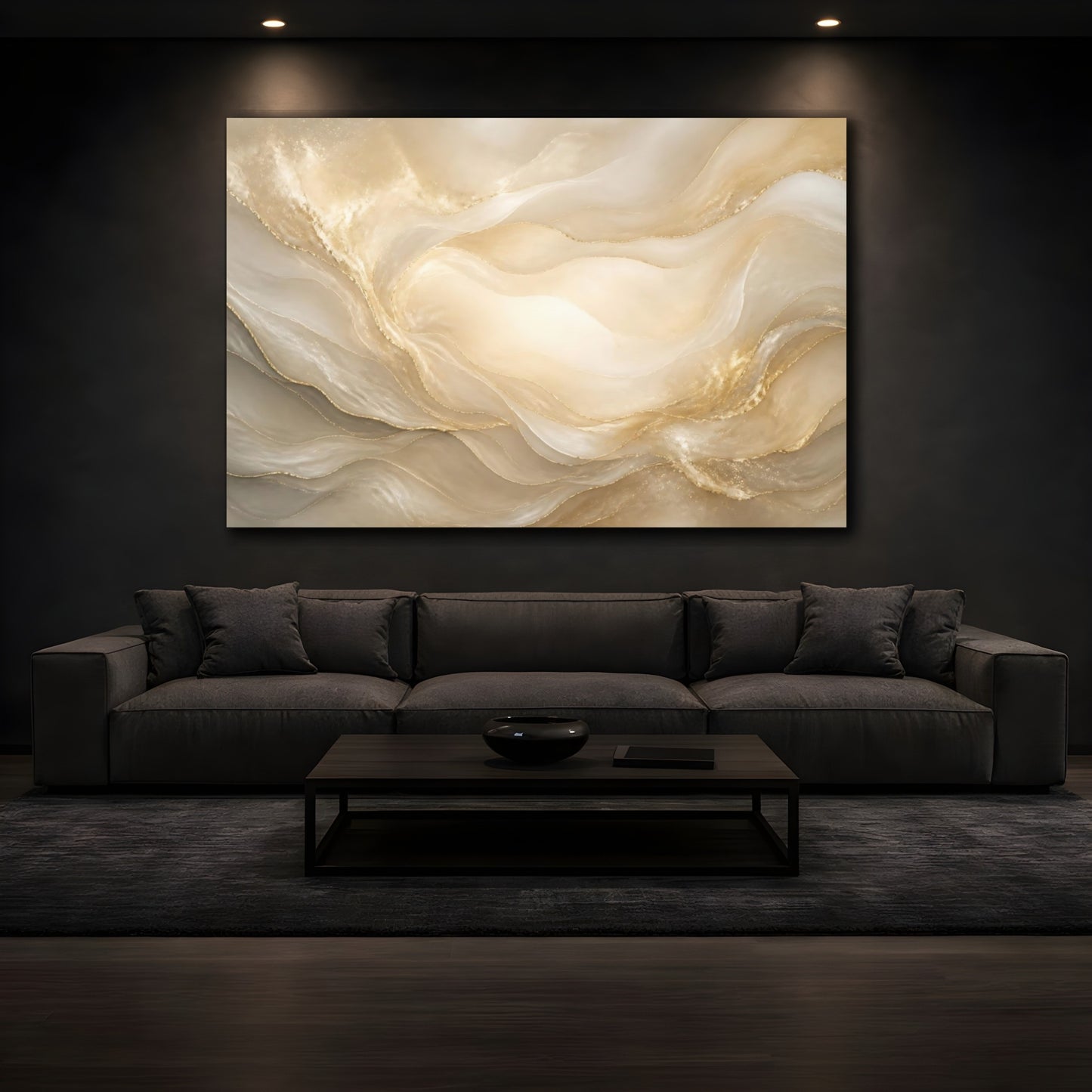 Mockup 3. Pearl Cream Gold Waves shown as canvas print