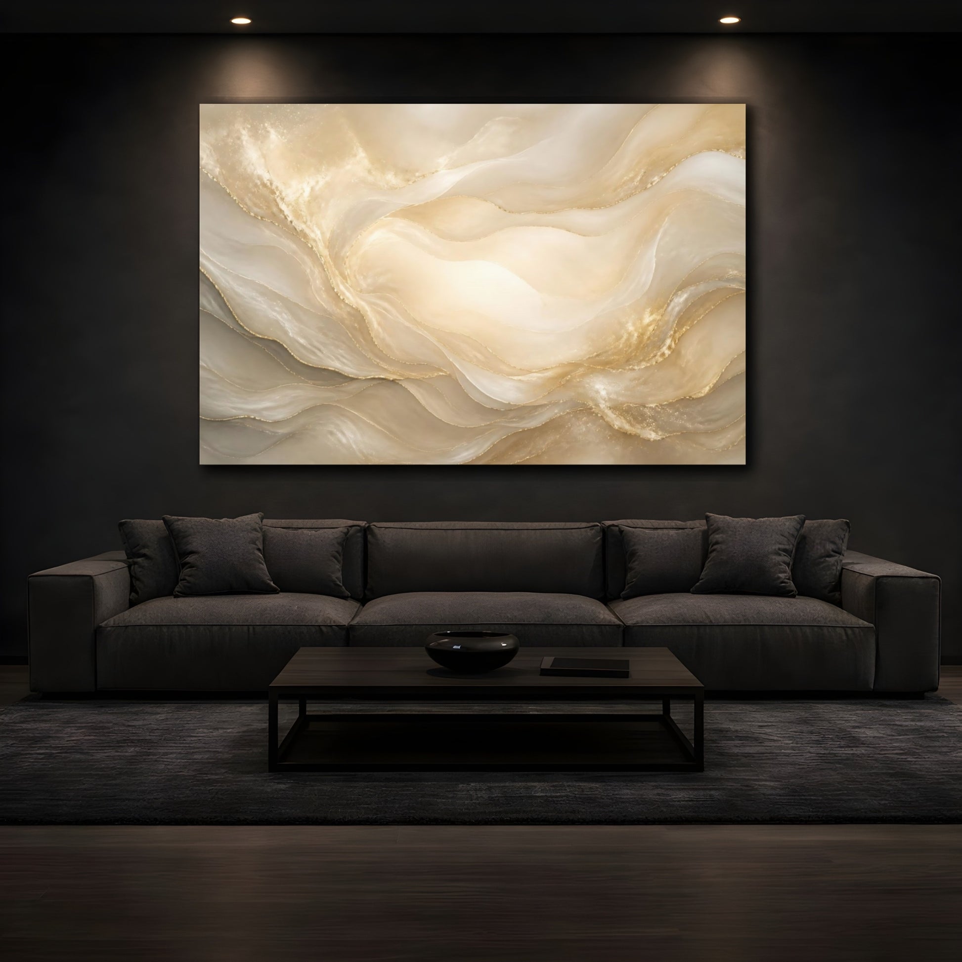 Mockup 3. Pearl Cream Gold Waves shown as canvas print