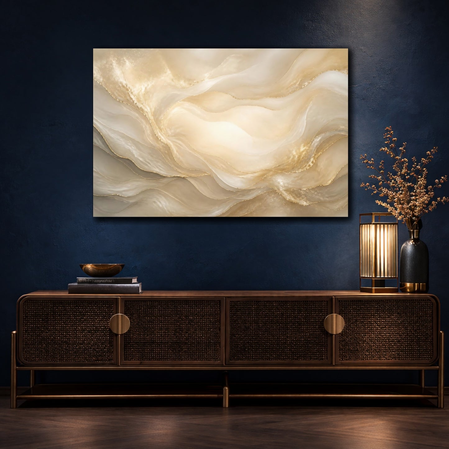 Mockup 4. Pearl Cream Gold Waves shown as canvas print