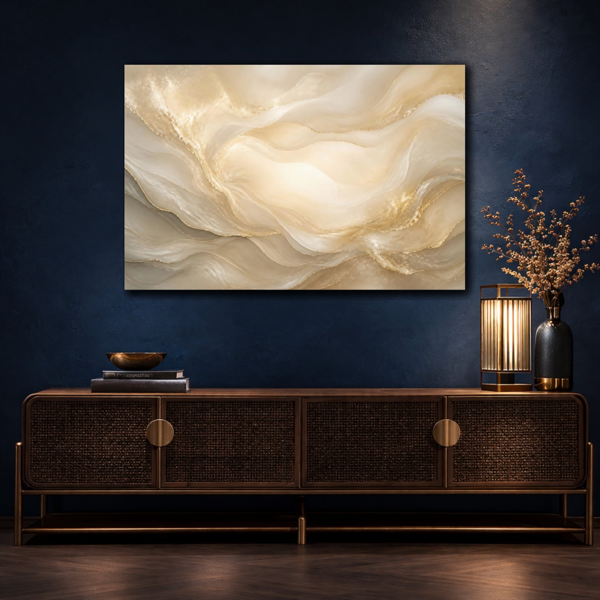 Mockup 4. Pearl Cream Gold Waves shown as canvas print