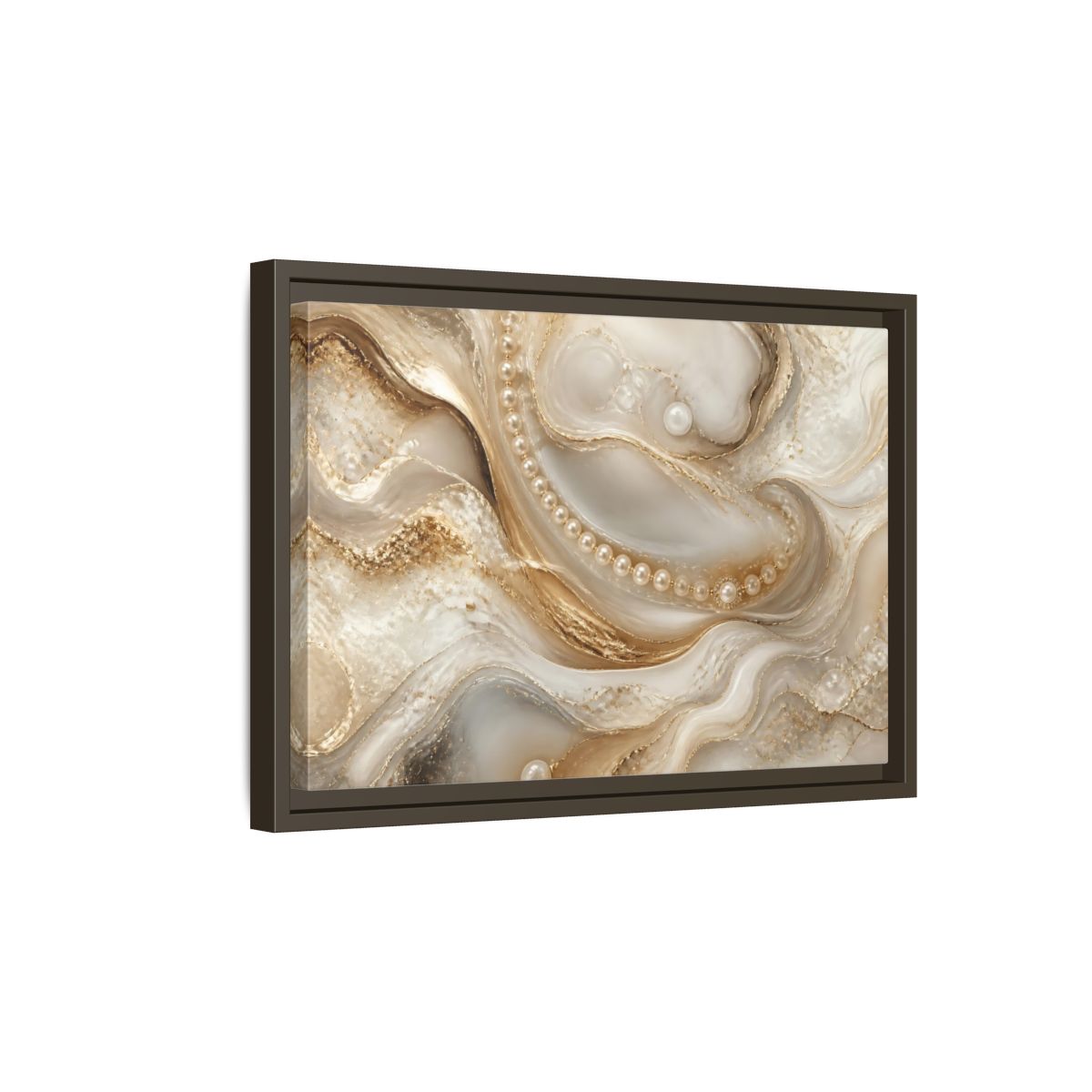 Side Mockup 5. Pearl & Gold Marble Waves shown as framed canvas print