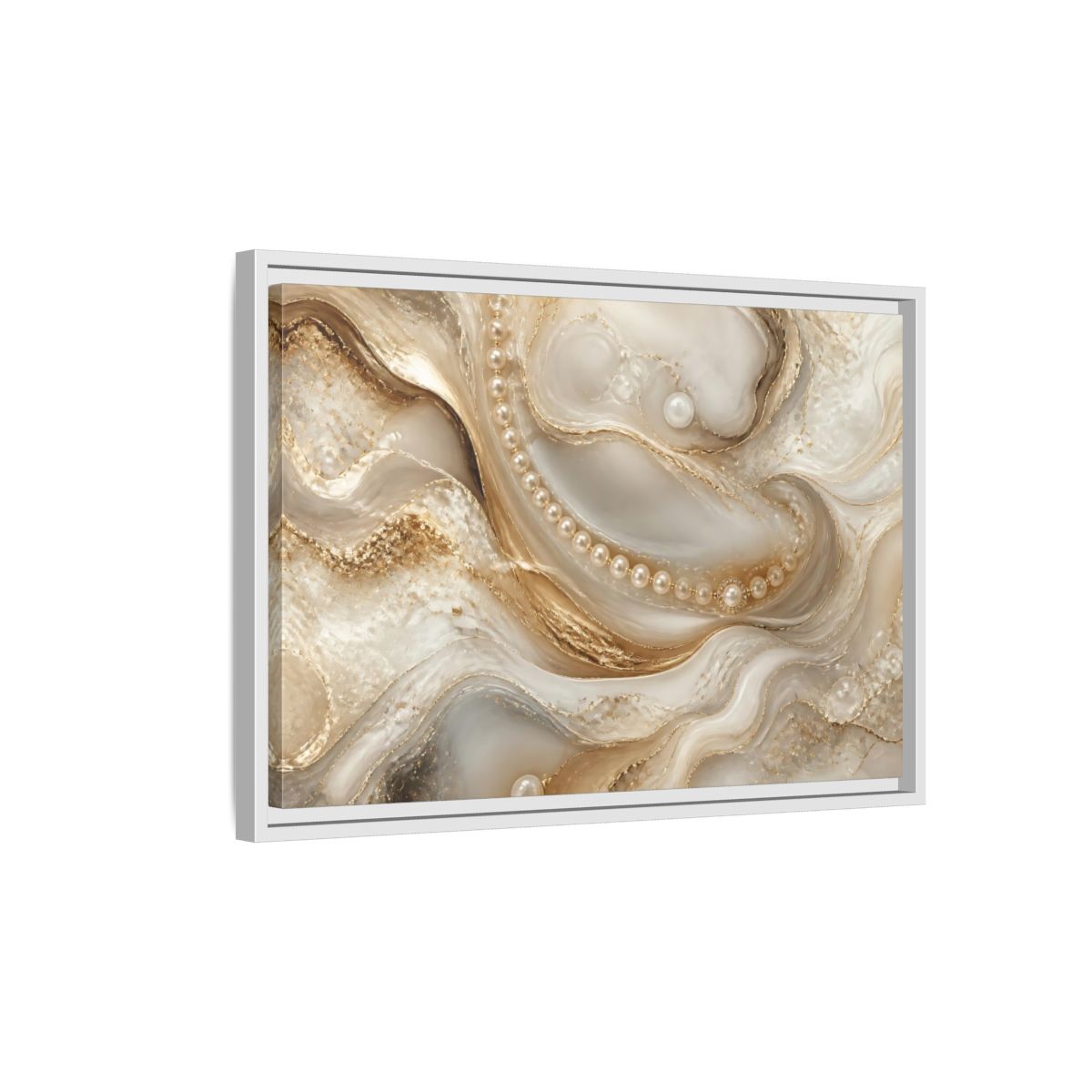 Side Mockup 1. Pearl & Gold Marble Waves shown as framed canvas print