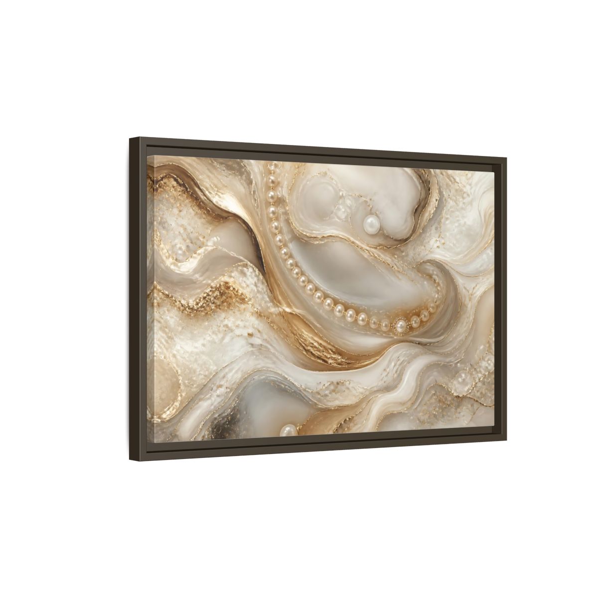 Side Mockup 2. Pearl & Gold Marble Waves shown as framed canvas print