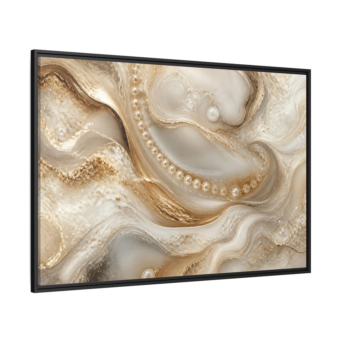 Side Mockup 12. Pearl & Gold Marble Waves shown as framed canvas print
