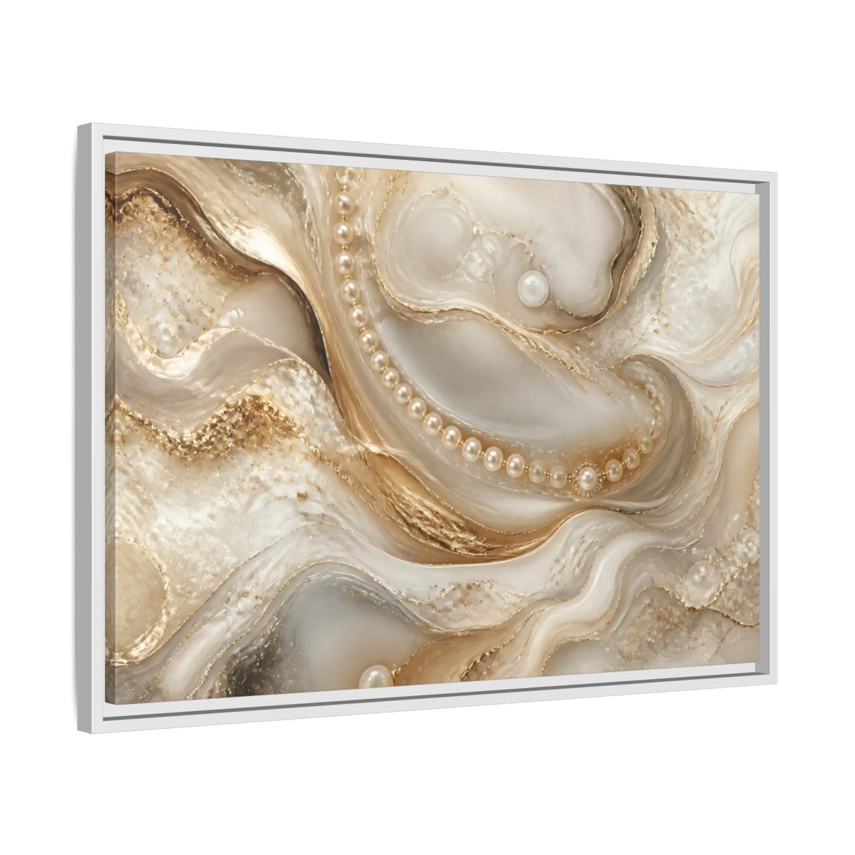 Side Mockup 10. Pearl & Gold Marble Waves shown as framed canvas print