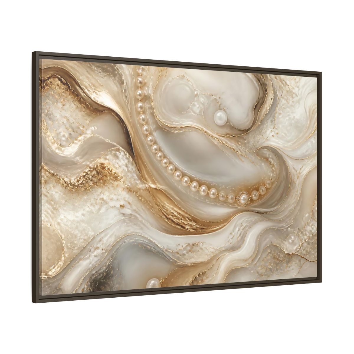 Side Mockup 8. Pearl & Gold Marble Waves shown as framed canvas print