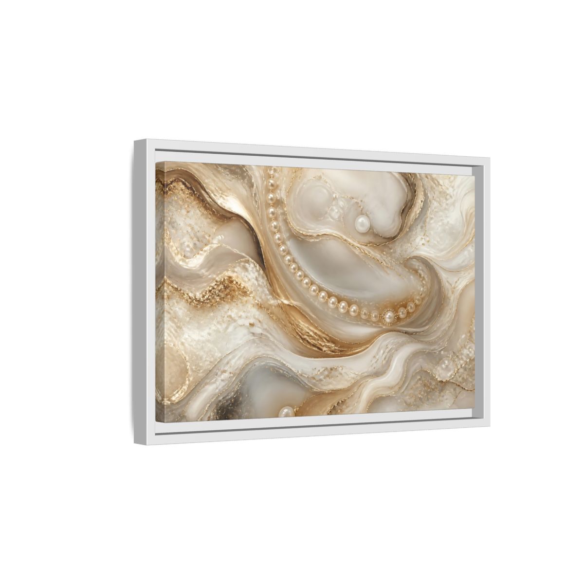 Side Mockup 4. Pearl & Gold Marble Waves shown as framed canvas print