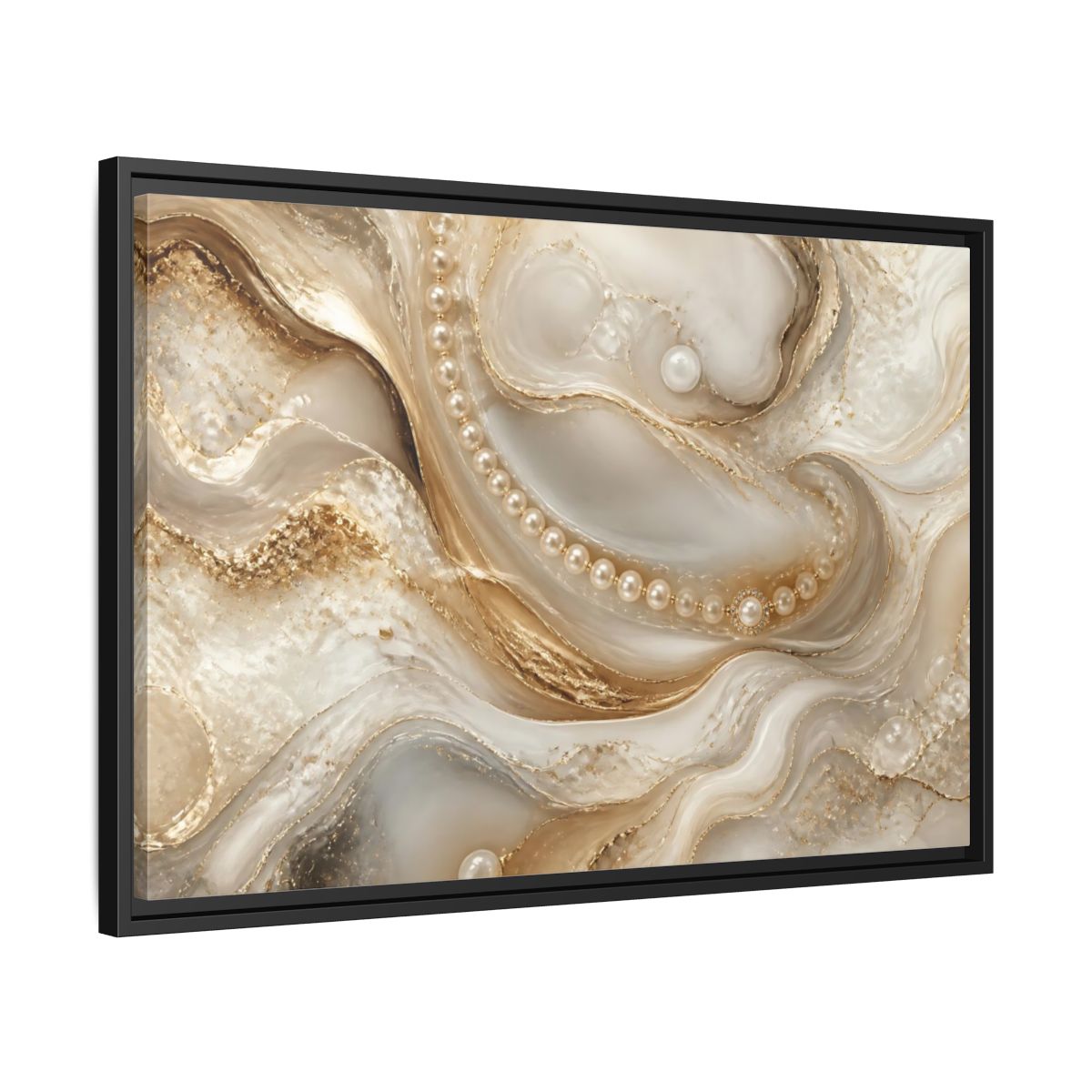Side Mockup 14. Pearl & Gold Marble Waves shown as framed canvas print