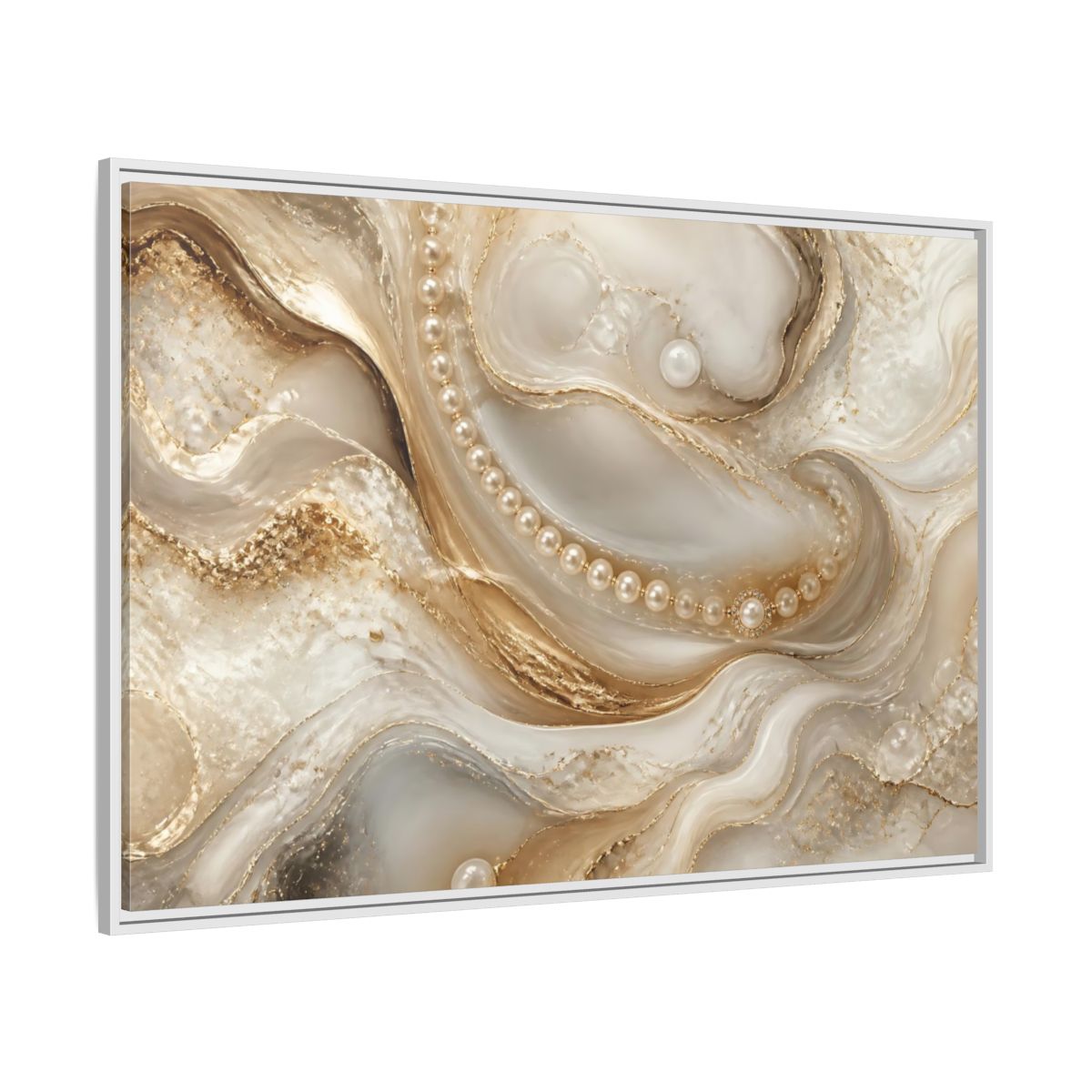 Side Mockup 7. Pearl & Gold Marble Waves shown as framed canvas print