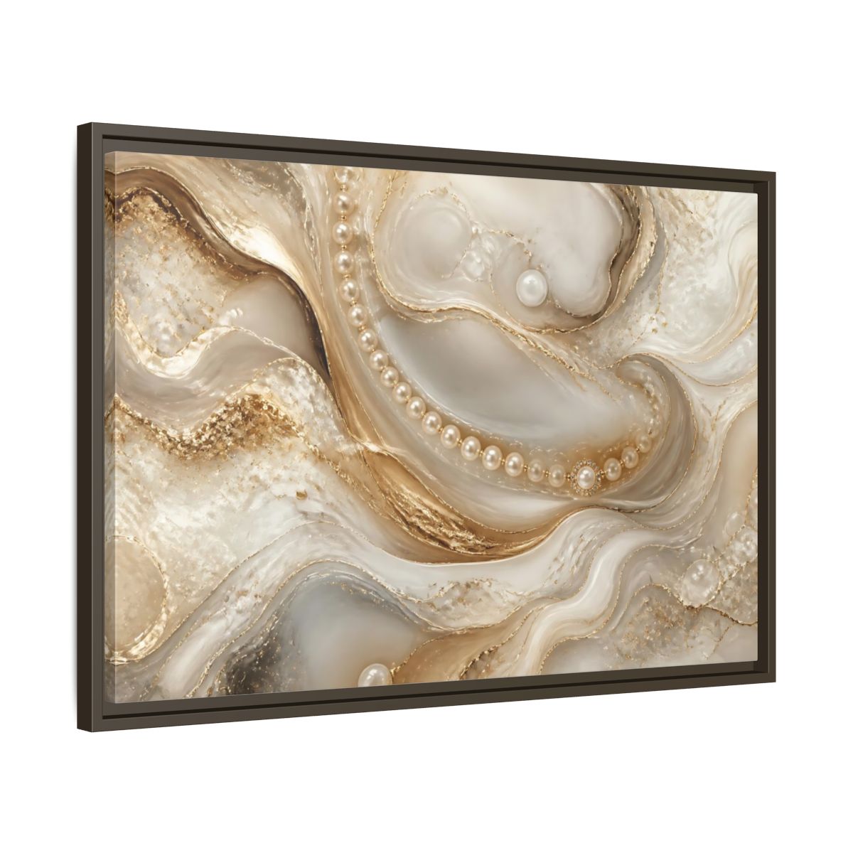 Side Mockup 11. Pearl & Gold Marble Waves shown as framed canvas print