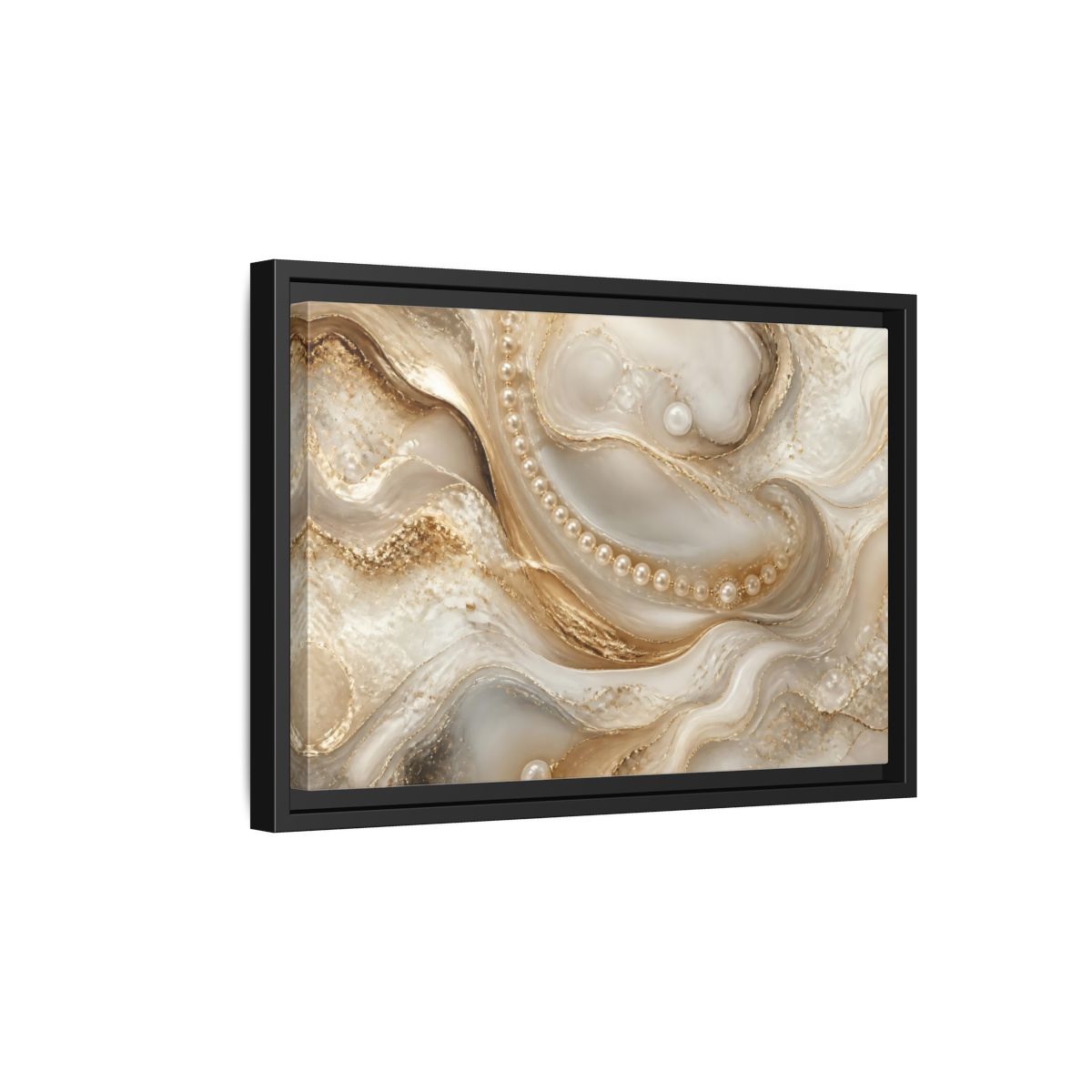 Side Mockup 6. Pearl & Gold Marble Waves shown as framed canvas print