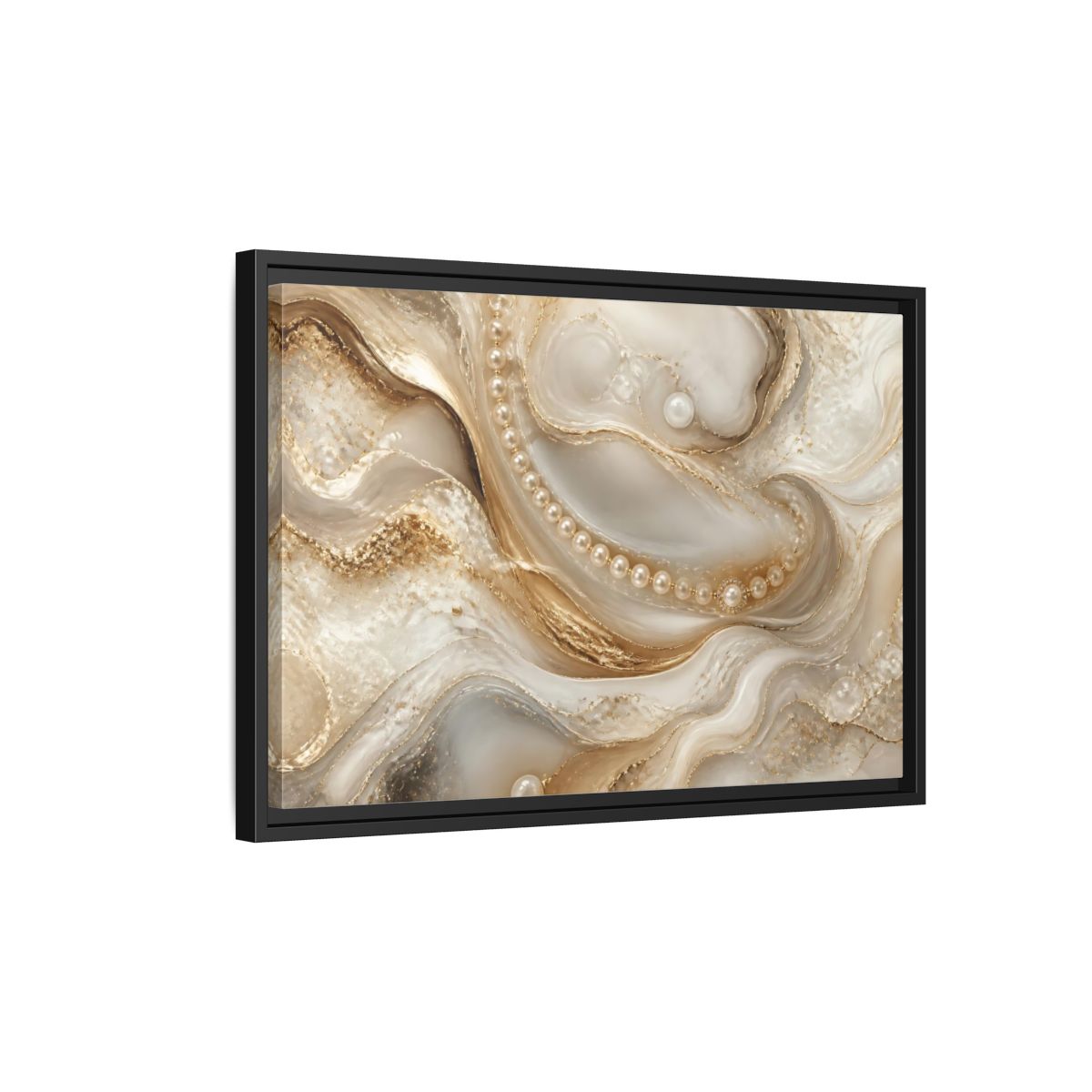 Side Mockup 3. Pearl & Gold Marble Waves shown as framed canvas print