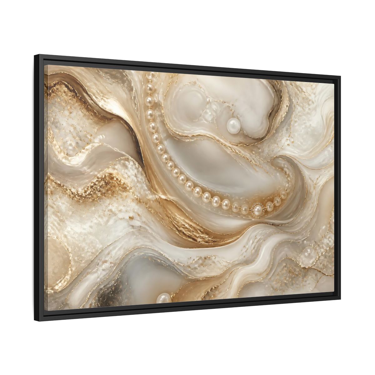Side Mockup 13. Pearl & Gold Marble Waves shown as framed canvas print