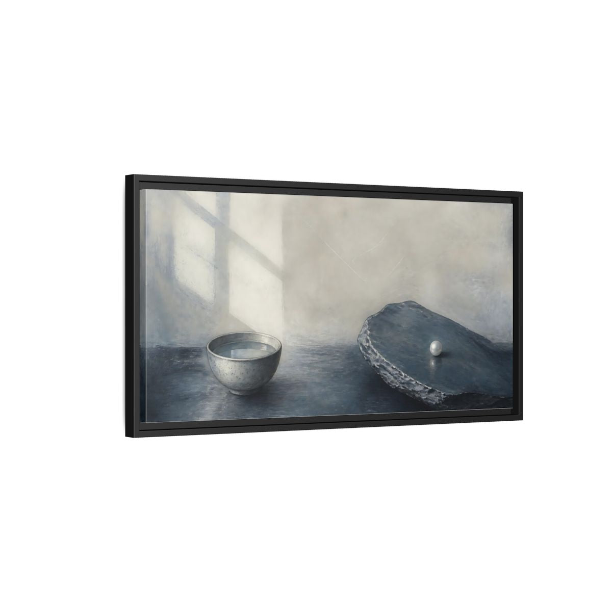 Side Mockup 2. Pearl On Slate shown as framed canvas print