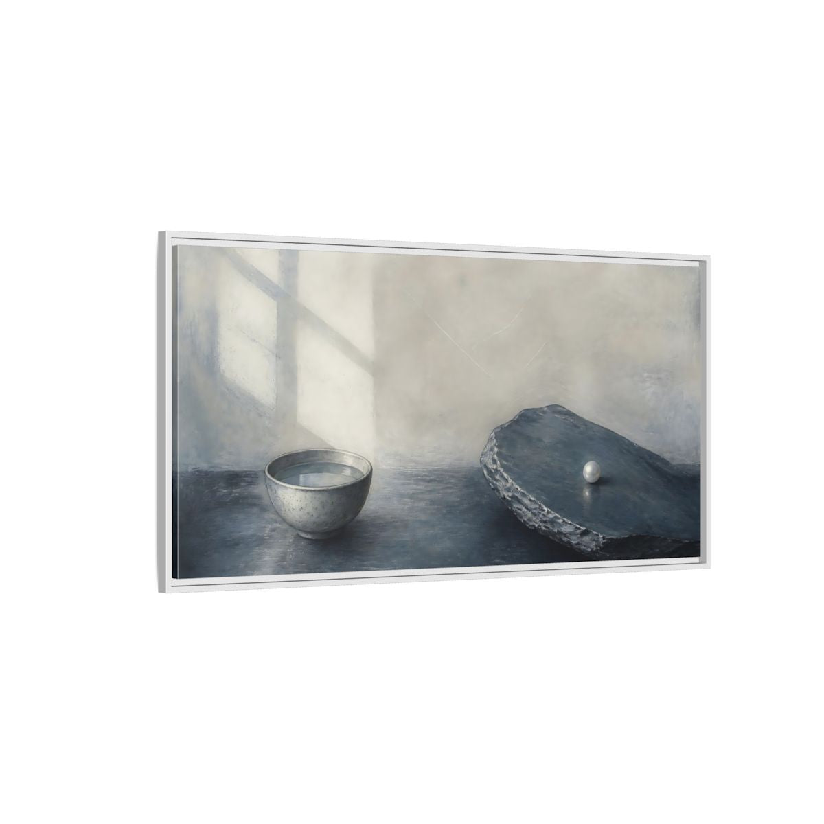 Side Mockup 3. Pearl On Slate shown as framed canvas print