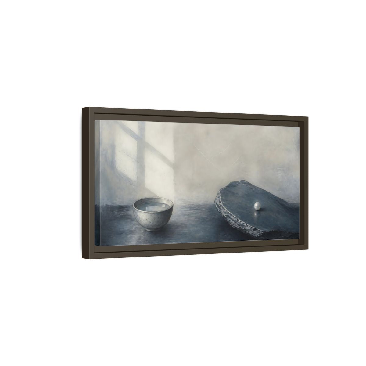 Side Mockup 7. Pearl On Slate shown as framed canvas print