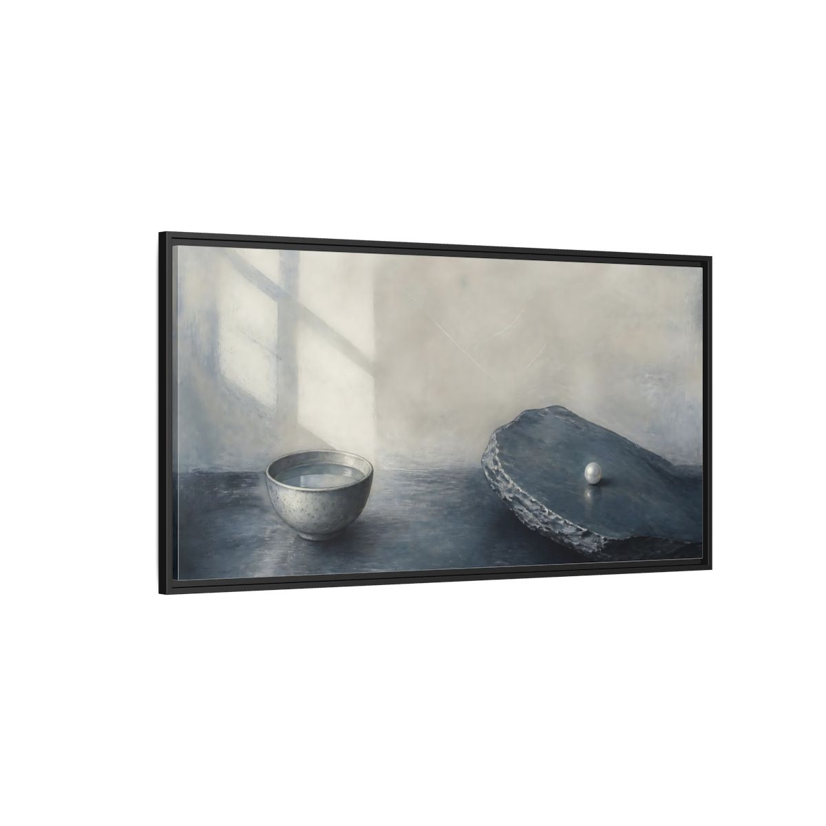 Side Mockup 5. Pearl On Slate shown as framed canvas print
