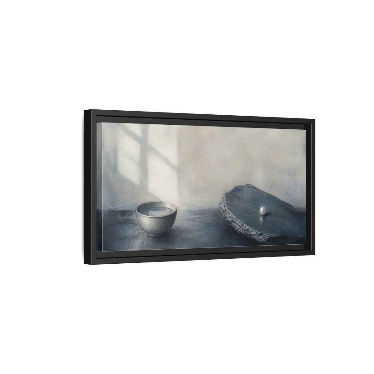 Side Mockup 8. Pearl On Slate shown as framed canvas print