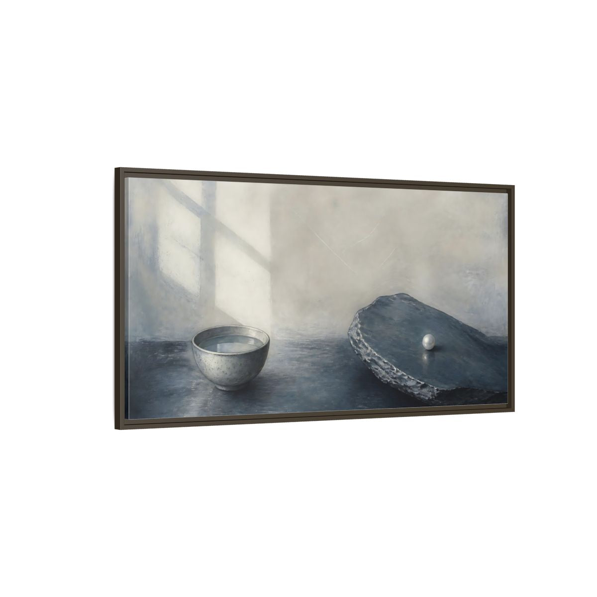 Side Mockup 4. Pearl On Slate shown as framed canvas print