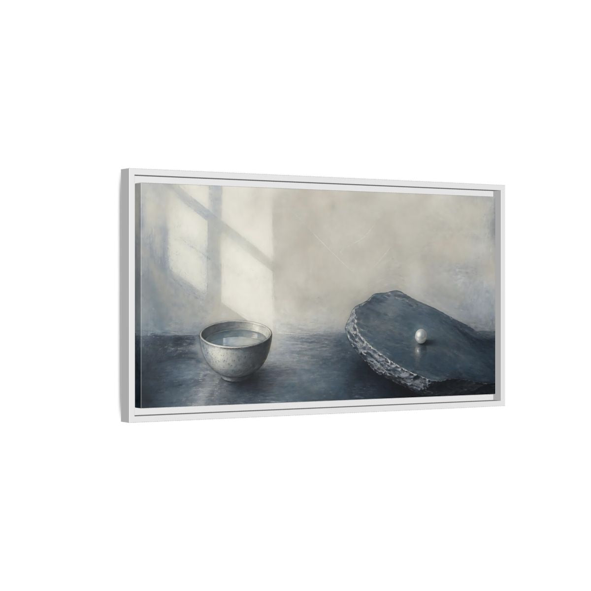 Side Mockup 1. Pearl On Slate shown as framed canvas print