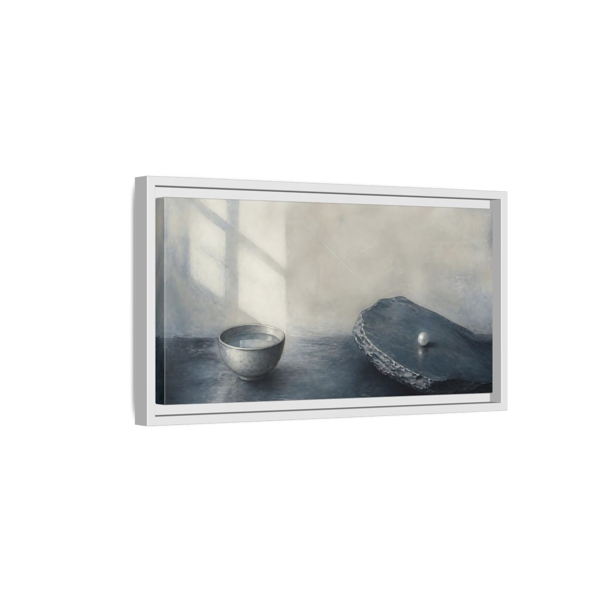 Side Mockup 6. Pearl On Slate shown as framed canvas print