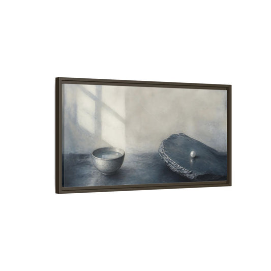 Main Mockup. Pearl On Slate shown as framed canvas print