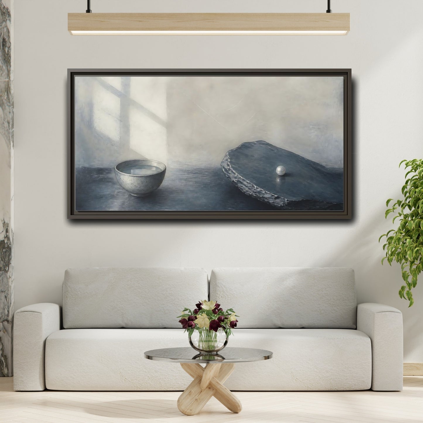 Mockup 2. Pearl On Slate shown as framed canvas print