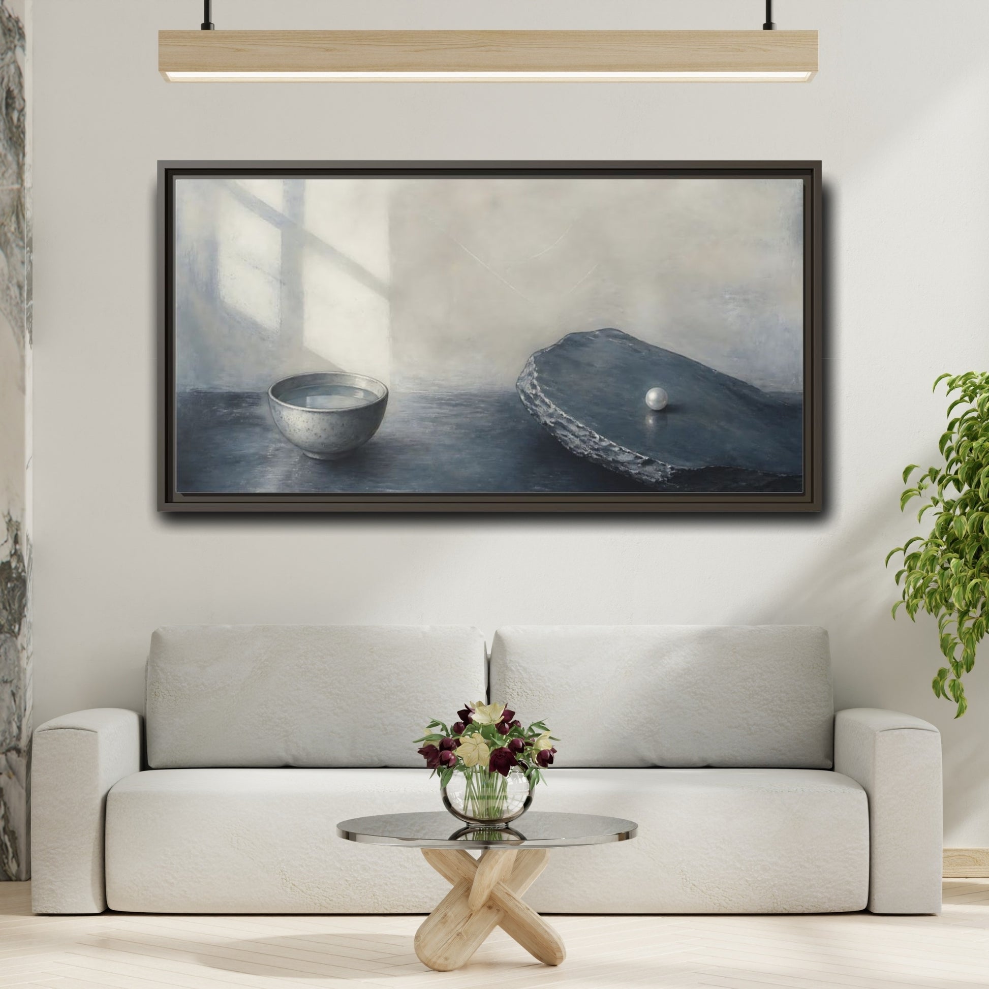 Mockup 2. Pearl On Slate shown as framed canvas print